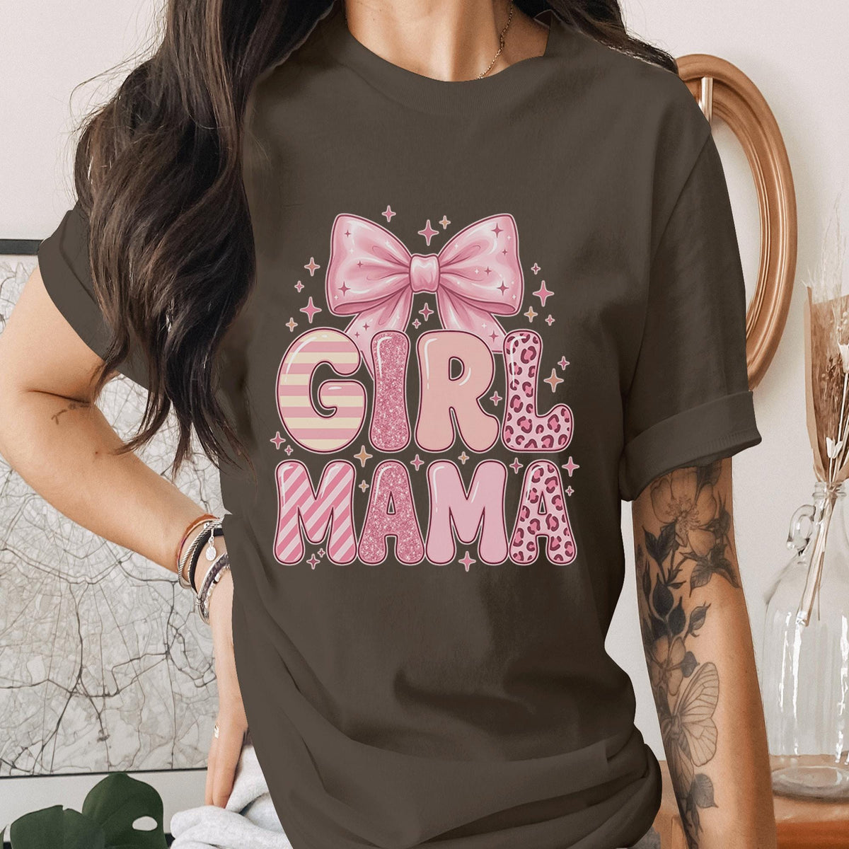 Girl Mama Shirt Pink Bow Mom Tee Cute Girly Mom T-Shirt Leopard Glitter Lettering Trendy Mothers day Gift Idea Aesthe...