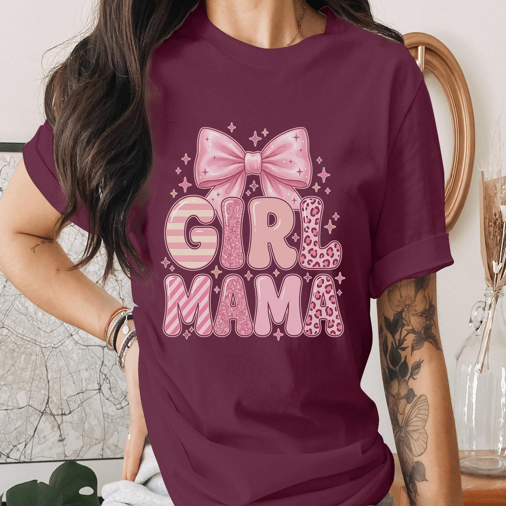 Girl Mama Shirt Pink Bow Mom Tee Cute Girly Mom T-Shirt Leopard Glitter Lettering Trendy Mothers day Gift Idea Aesthetic Top Mama Shirt