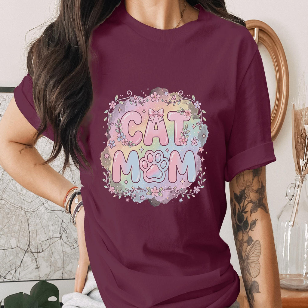 Cat Mom Shirt Cute Pastel Floral Cat Mom Tee Paw Print Mama Shirt Aesthetic Cat Lover Gift Trendy Pet Mom T-Shirt Mothers Day Gifts Idea