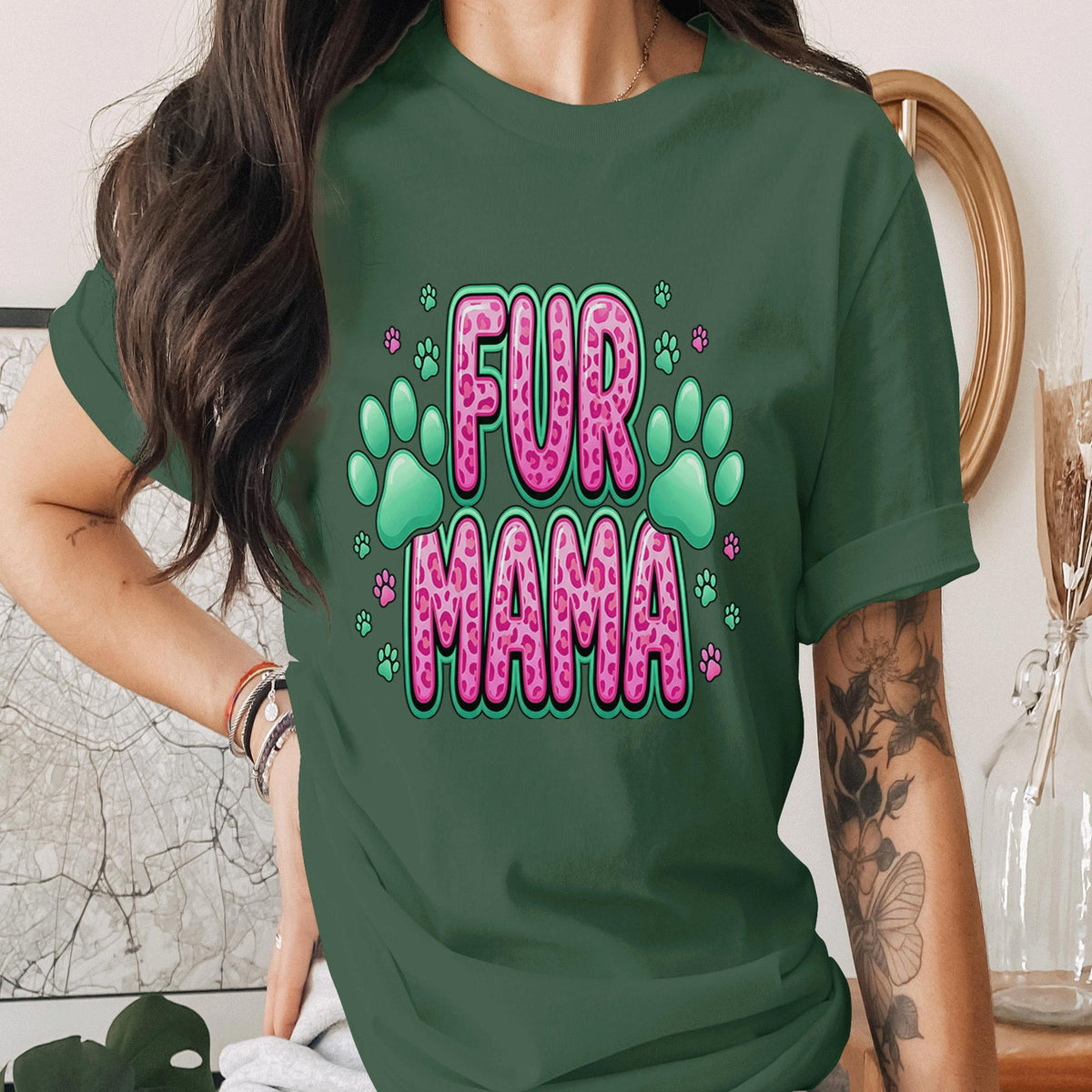 Fur Mama Shirt Pink Leopard Dog Mom Tee Cute Pet Lover T-Shirt Paw Print Gift for Dog Lover Cat Mom Gift Animal Lover Shirt Mothers Day