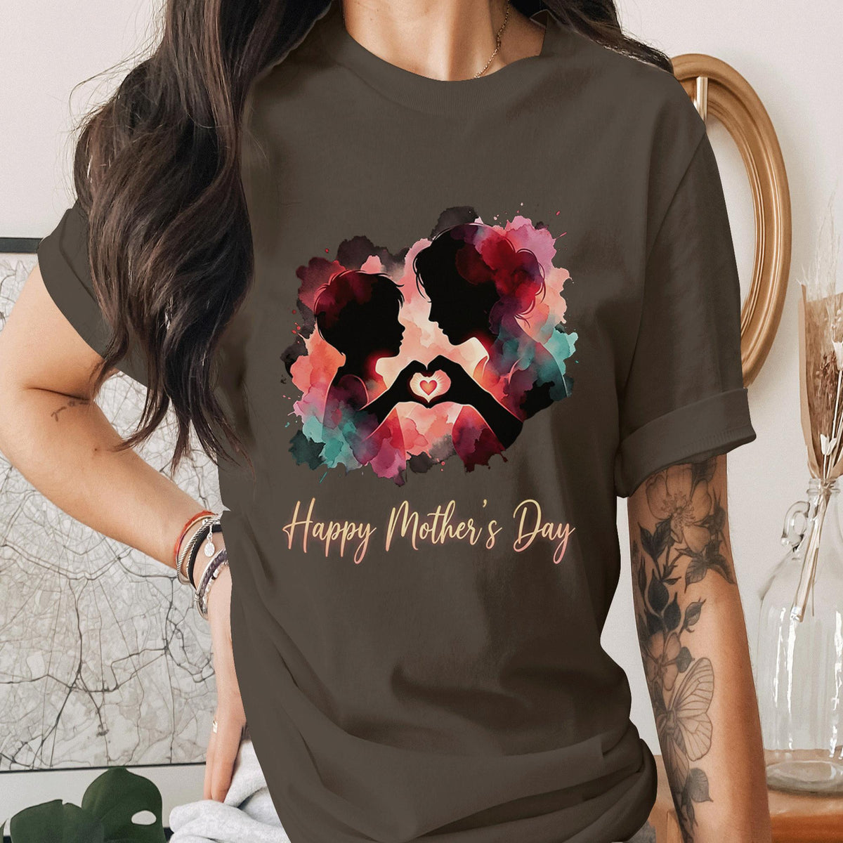 Happy Mothers Day Shirt Mom and Child Love Silhouette Tee Watercolor Art Mom Gift Emotional Motherhood T-Shirt Family Love Mama Shirt