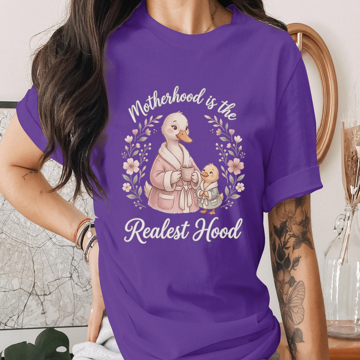 Motherhood Is the Realest Hood Shirt Cute Duck Mom Tee Funny Mom Life Shirt Cozy Mama Gift Animal Lover Mothers Day Shirt