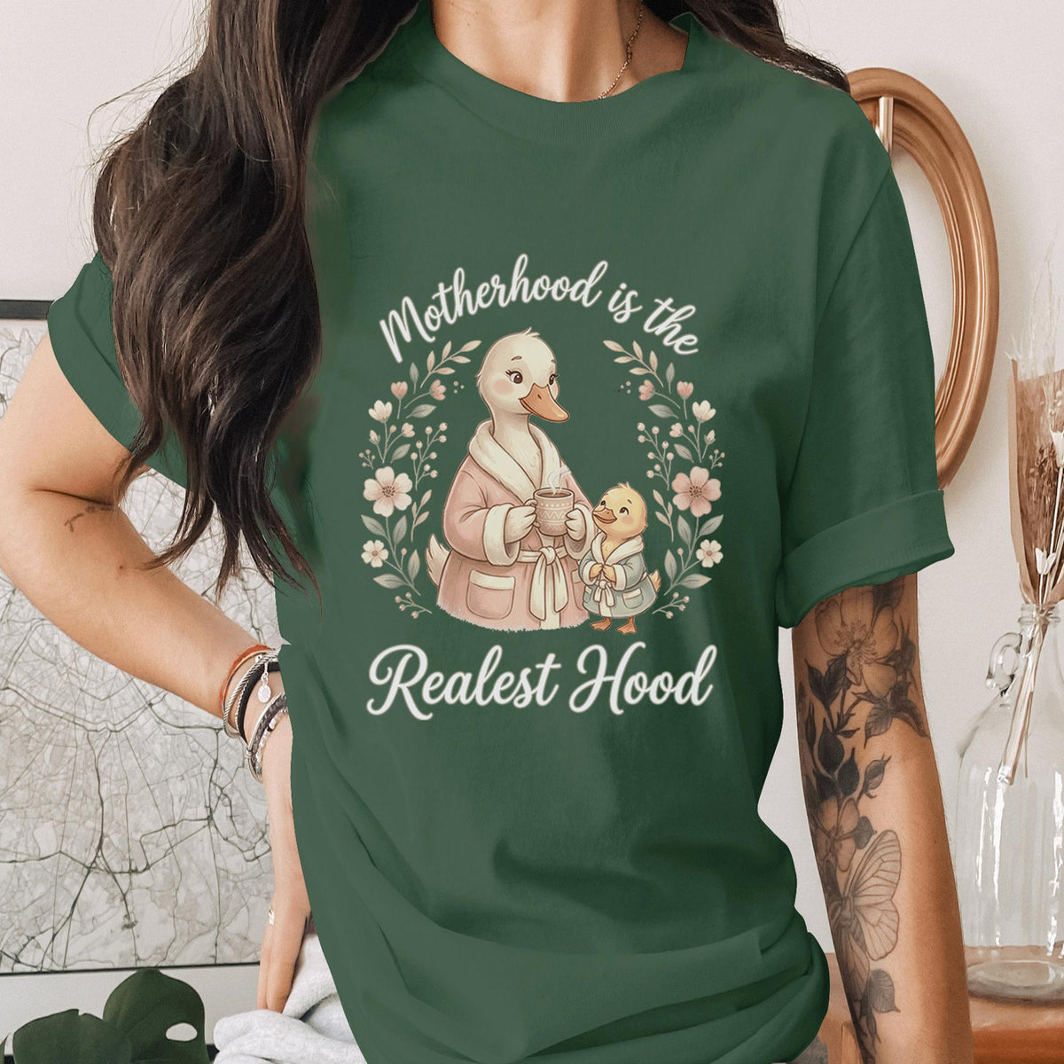 Motherhood Is the Realest Hood Shirt Cute Duck Mom Tee Funny Mom Life Shirt Cozy Mama Gift Animal Lover Mothers Day Shirt