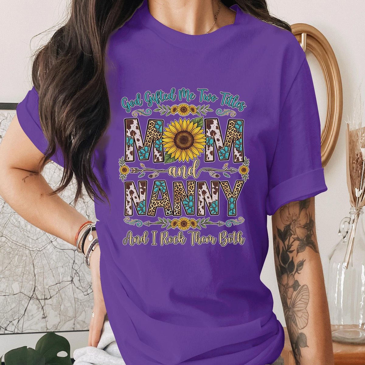God Gifted Me Two Titles Mom and Nanny Shirt Sunflower Leopard Print Tee Grandma Gift Proud Mom Nana Shirt Mothers Day Gift Idea Mama shirt