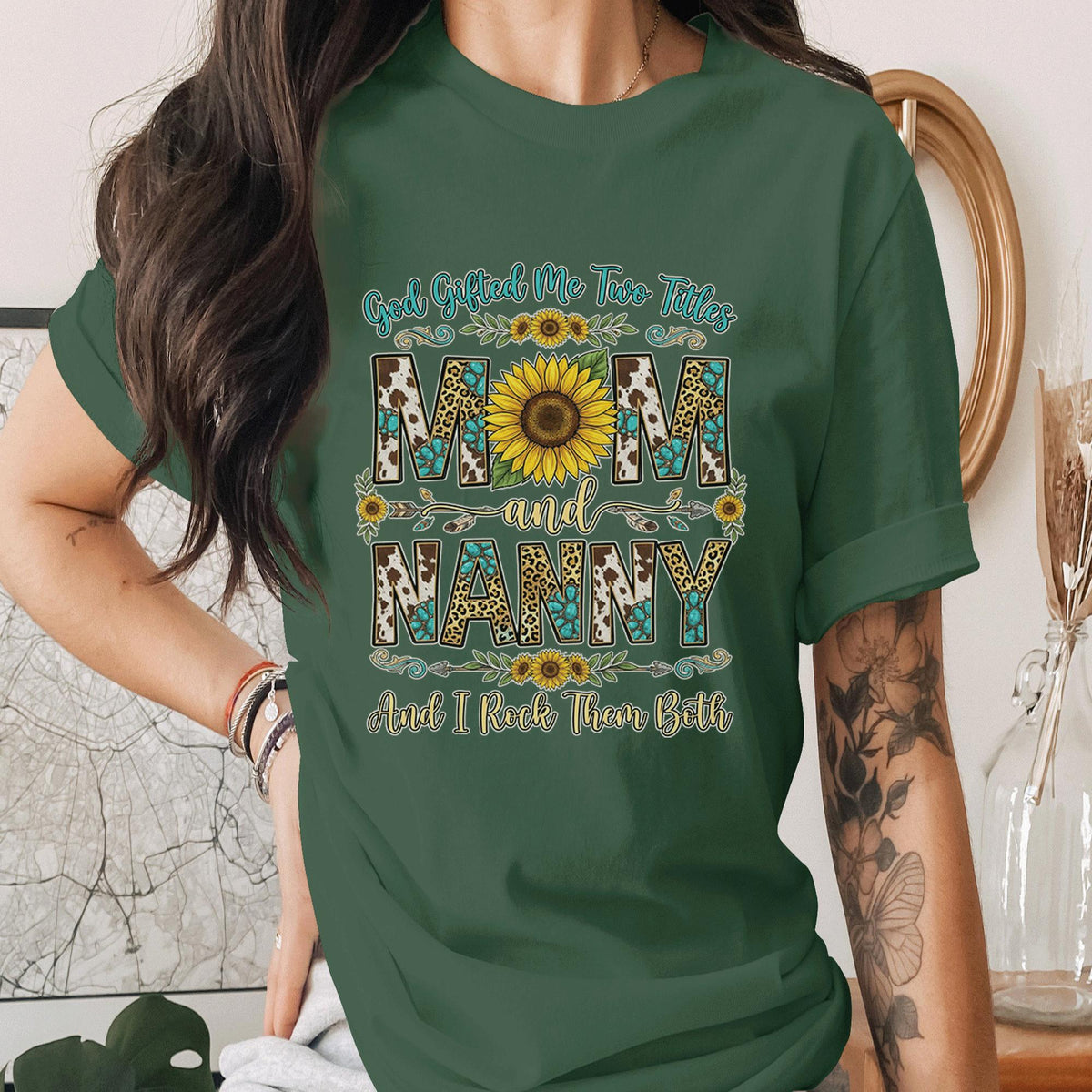 God Gifted Me Two Titles Mom and Nanny Shirt Sunflower Leopard Print Tee Grandma Gift Proud Mom Nana Shirt Mothers Day Gift Idea Mama shirt
