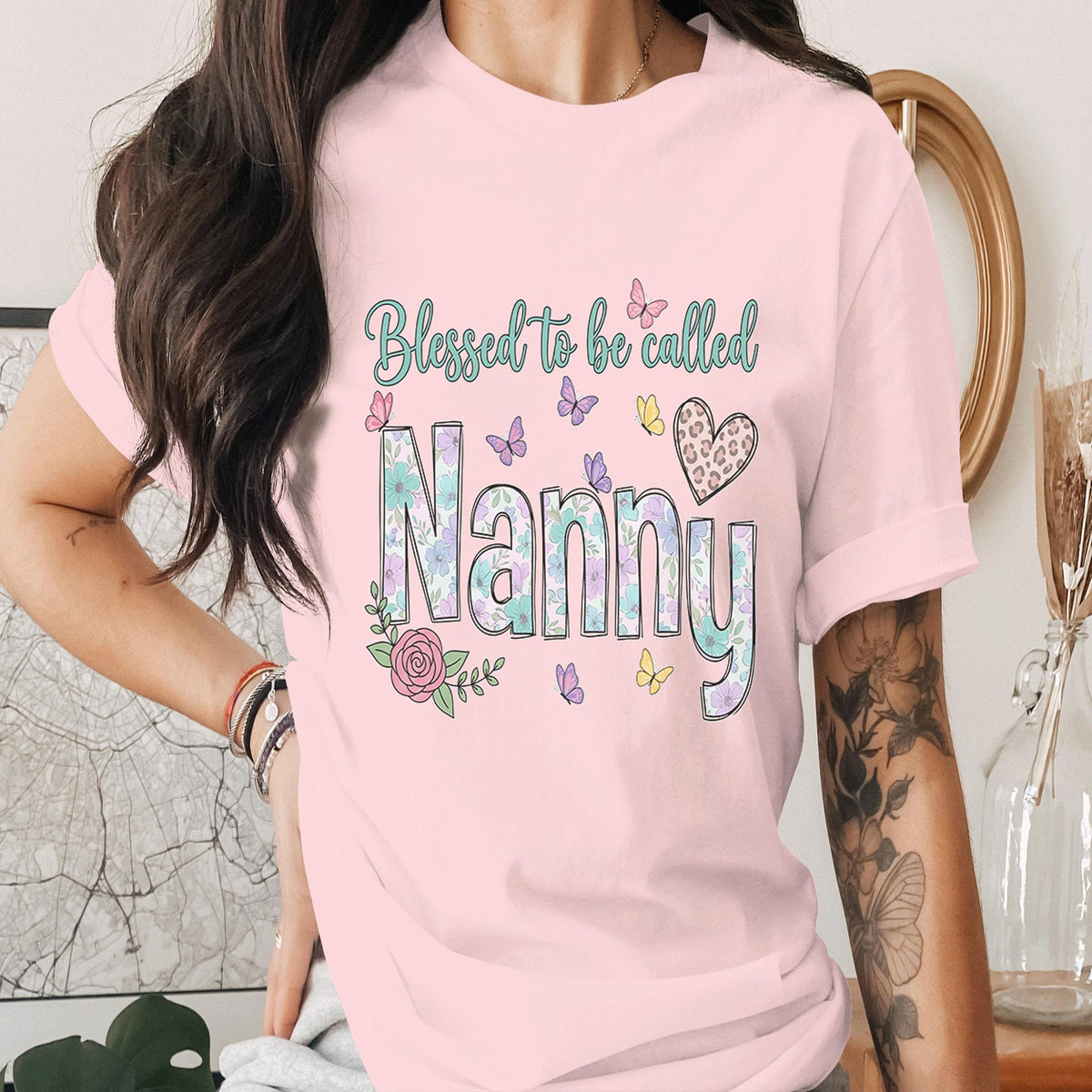 Blessed to Be Called Nanny Shirt Floral Nana Tee Cute Grandma Gift Butterfly Flower Nana Shirt Mothers Day Gift for Grandma