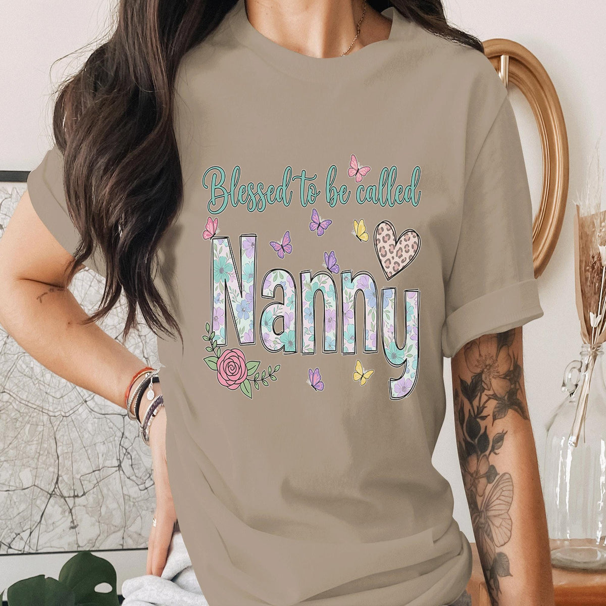 Blessed to Be Called Nanny Shirt Floral Nana Tee Cute Grandma Gift Butterfly Flower Nana Shirt Mothers Day Gift for Grandma