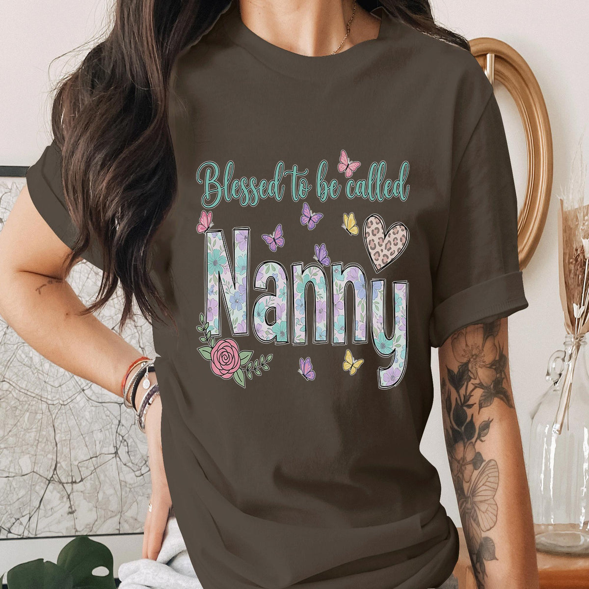 Blessed to Be Called Nanny Shirt Floral Nana Tee Cute Grandma Gift Butterfly Flower Nana Shirt Mothers Day Gift for Grandma