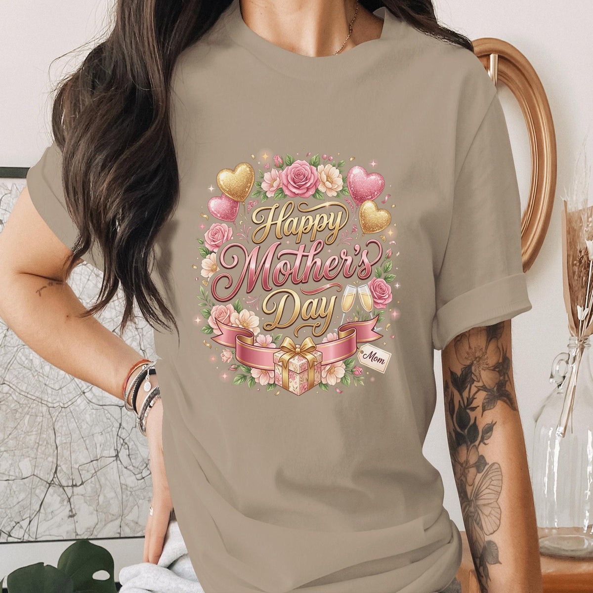 Happy Mothers Day Shirt Floral Heart Mom Gift Tee Cute Mama Shirt Pink Gold Heart Mom Shirt Gift for Her Mothers Day Tee