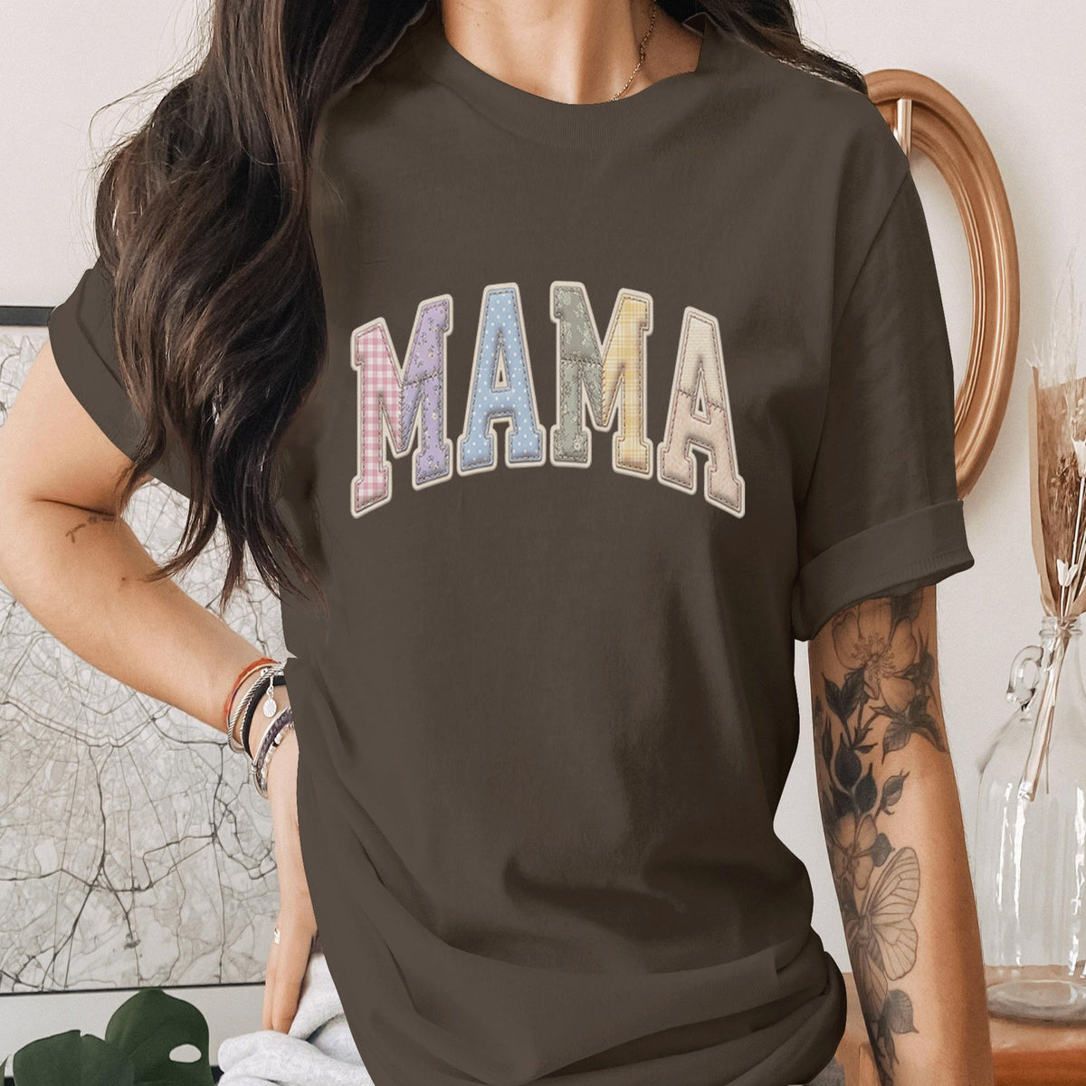 Mama Patchwork Varsity Shirt Vintage Style Mom Tee, Cute Pastel Mama Shirt Gift for Mom, Trendy Aesthetic Mothers Day Gift Shirt Women