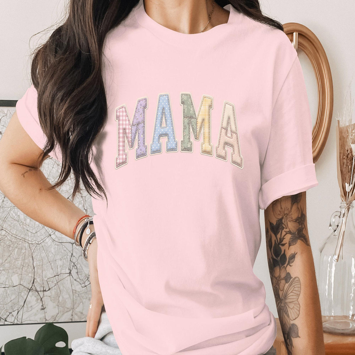 Mama Patchwork Varsity Shirt Vintage Style Mom Tee, Cute Pastel Mama Shirt Gift for Mom, Trendy Aesthetic Mothers Day Gift Shirt Women