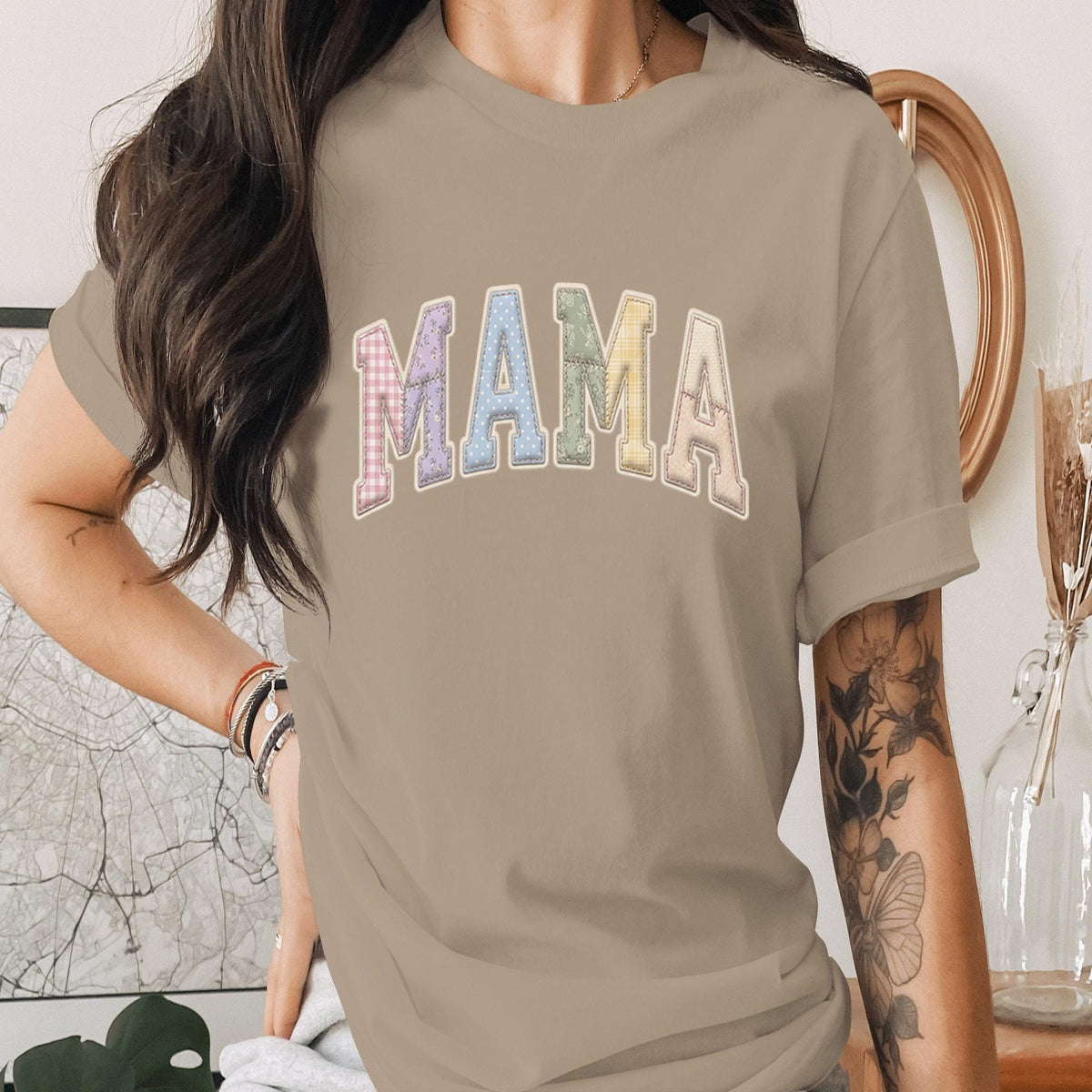 Mama Patchwork Varsity Shirt Vintage Style Mom Tee, Cute Pastel Mama Shirt Gift for Mom, Trendy Aesthetic Mothers Day Gift Shirt Women