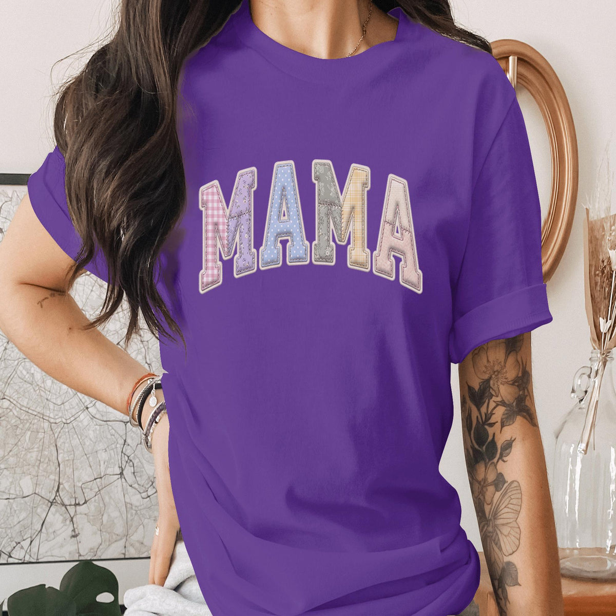 Mama Patchwork Varsity Shirt Vintage Style Mom Tee, Cute Pastel Mama Shirt Gift for Mom, Trendy Aesthetic Mothers Day Gift Shirt Women
