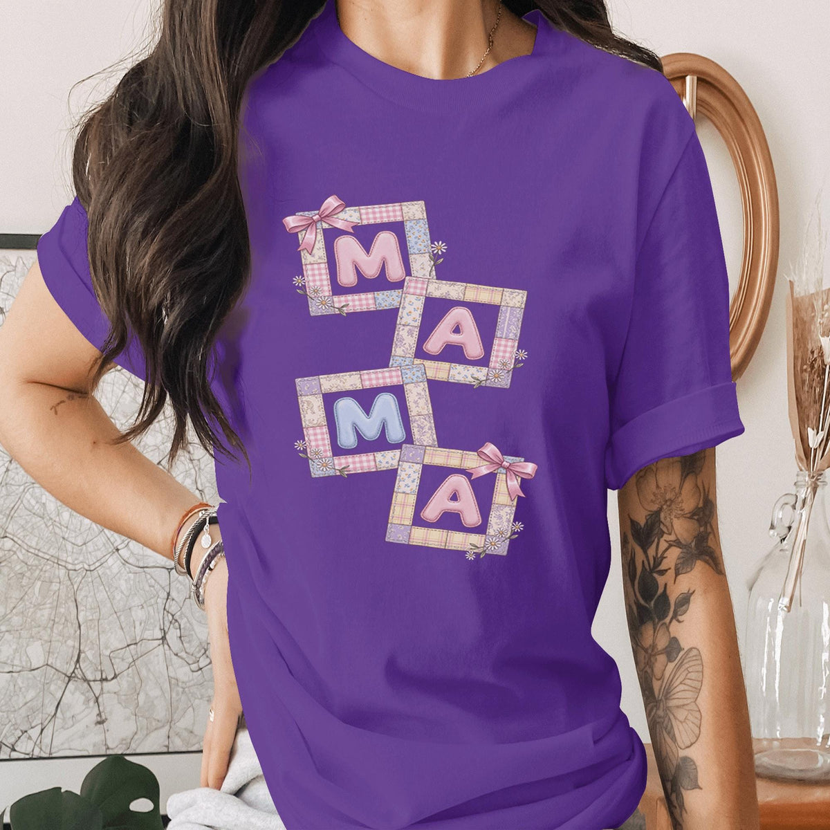 Mama Patchwork Shirt Cute Quilt Style Mama Tee Vintage Patch Mama Shirt Aesthetic Mom Shirt Mothers Day Gift Soft Girl Mama Top
