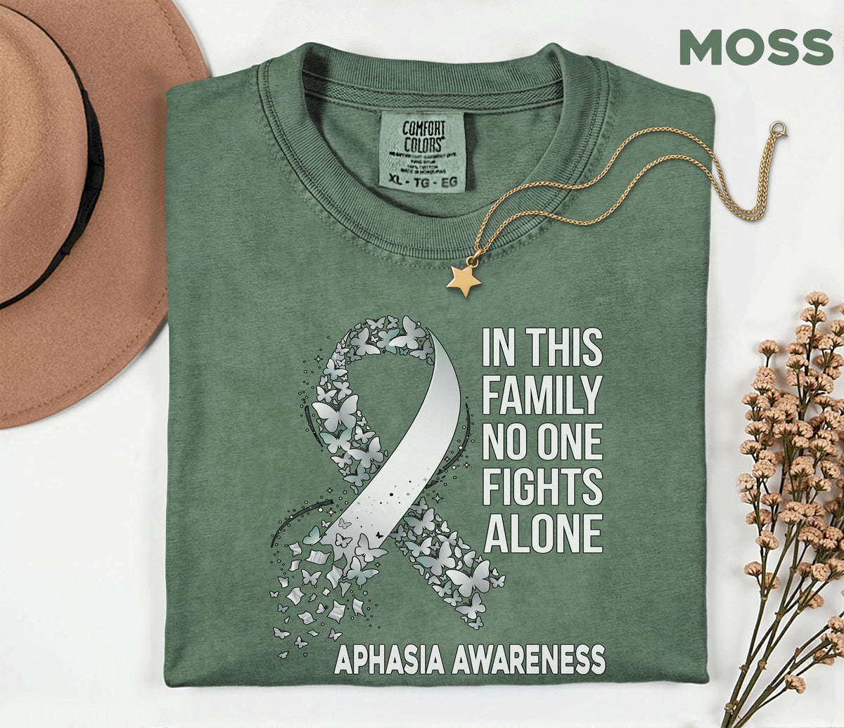 Comfort Colors Aphasia Awareness Shirt In This Family No One Fights Alone Tee Stroke Support Gift Caregiver Solidarity Shirt