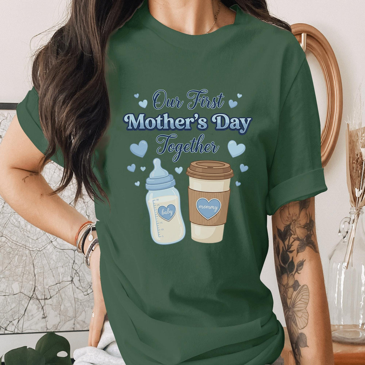 Our First Mothers Day Together Shirt Blue Baby Bottle Mom Coffee Tee New Mom Gift First Mothers Day Shirt Cute Mom Baby Tee Mama shirt