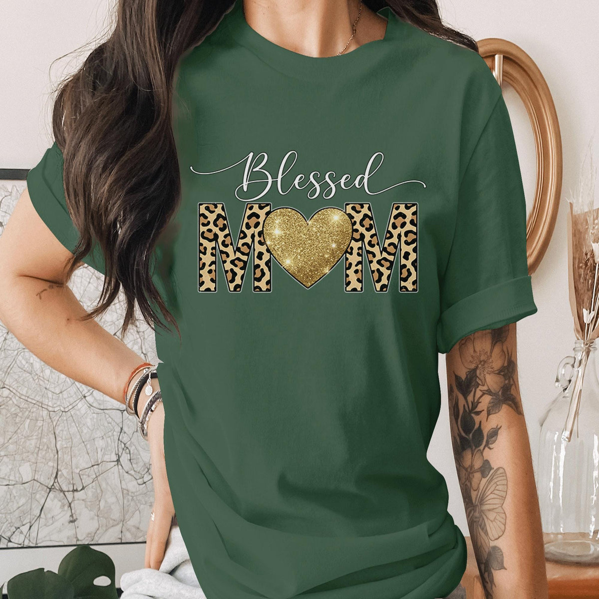 Blessed Mom Shirt Leopard Print Heart Tee Trendy Mama Shirt Cute Mothers Day Gift Stylish Mom Tee Gold Heart Mom Shirt