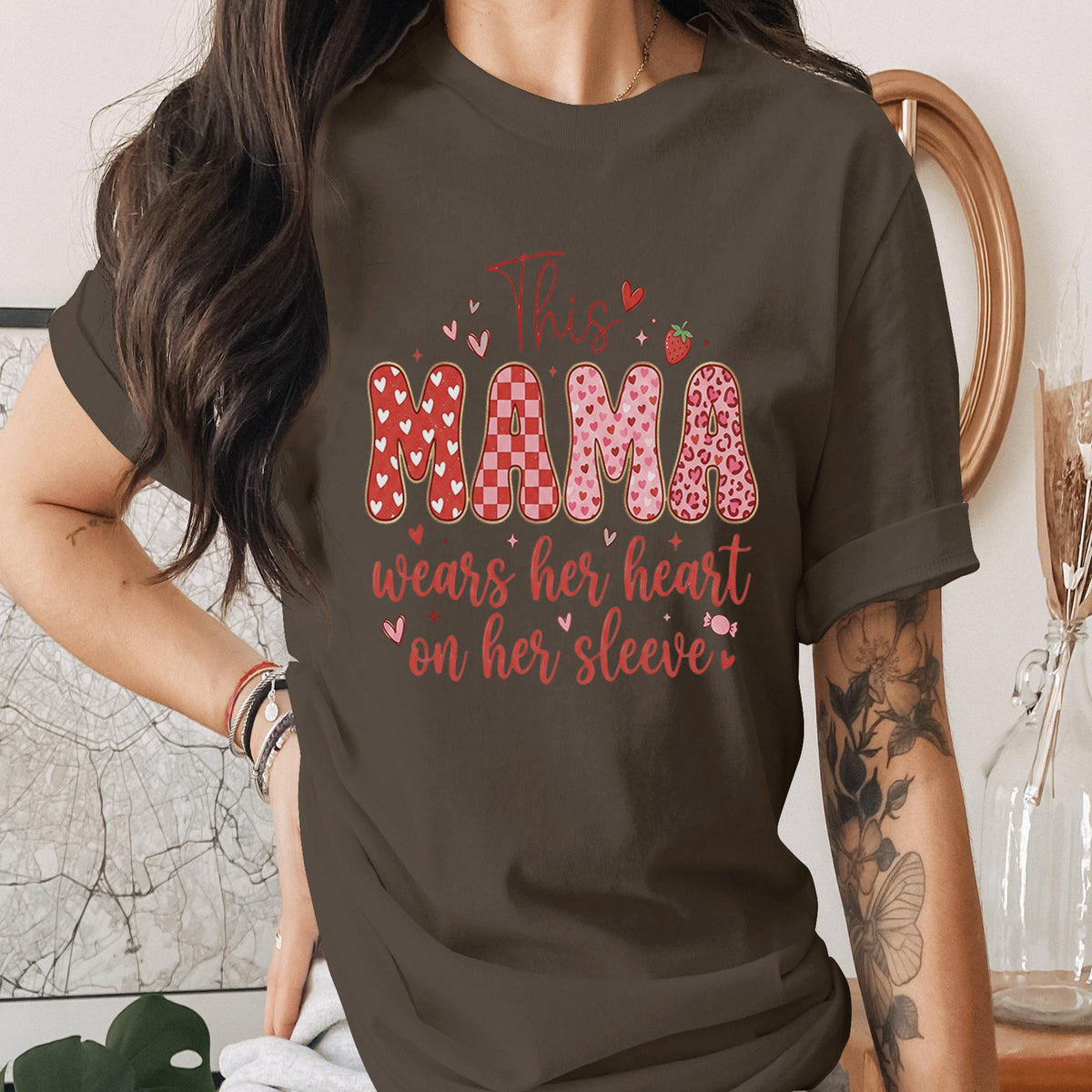 This Mama Wears Her Heart On Her Sleeve Shirt Cute Mothers Day Tee Funny Mom Life Shirt Pink Red Heart Mama Tee Gift