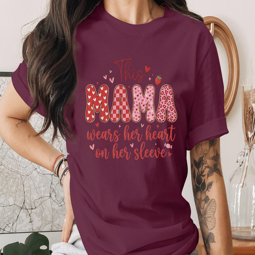 This Mama Wears Her Heart On Her Sleeve Shirt Cute Mothers Day Tee Funny Mom Life Shirt Pink Red Heart Mama Tee Gift