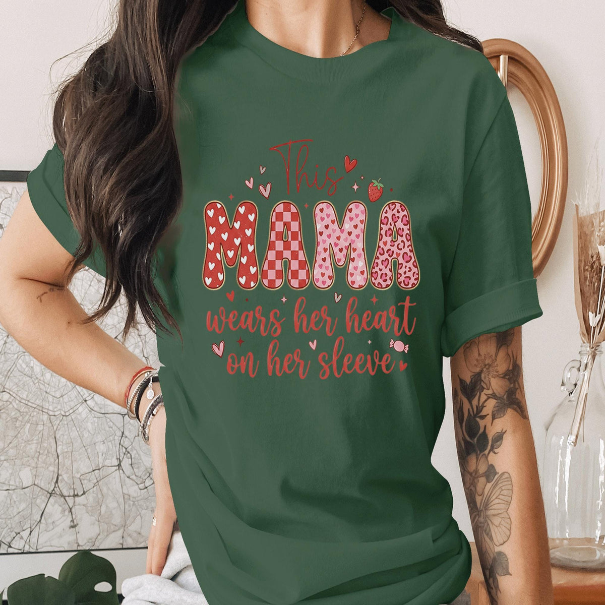 This Mama Wears Her Heart On Her Sleeve Shirt Cute Mothers Day Tee Funny Mom Life Shirt Pink Red Heart Mama Tee Gift