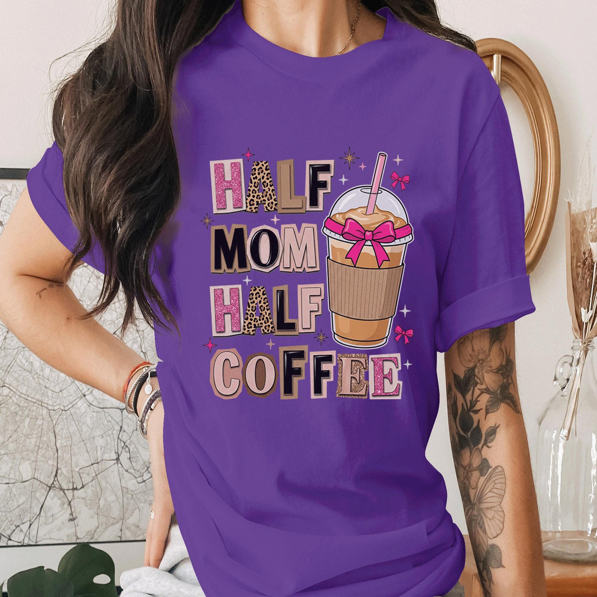 Half Mom Half Coffee Shirt Funny Mom Life Tee Cute Coffee Lover Mama Shirt Motherhood Humor Gift for Moms Mothers Day Shirt