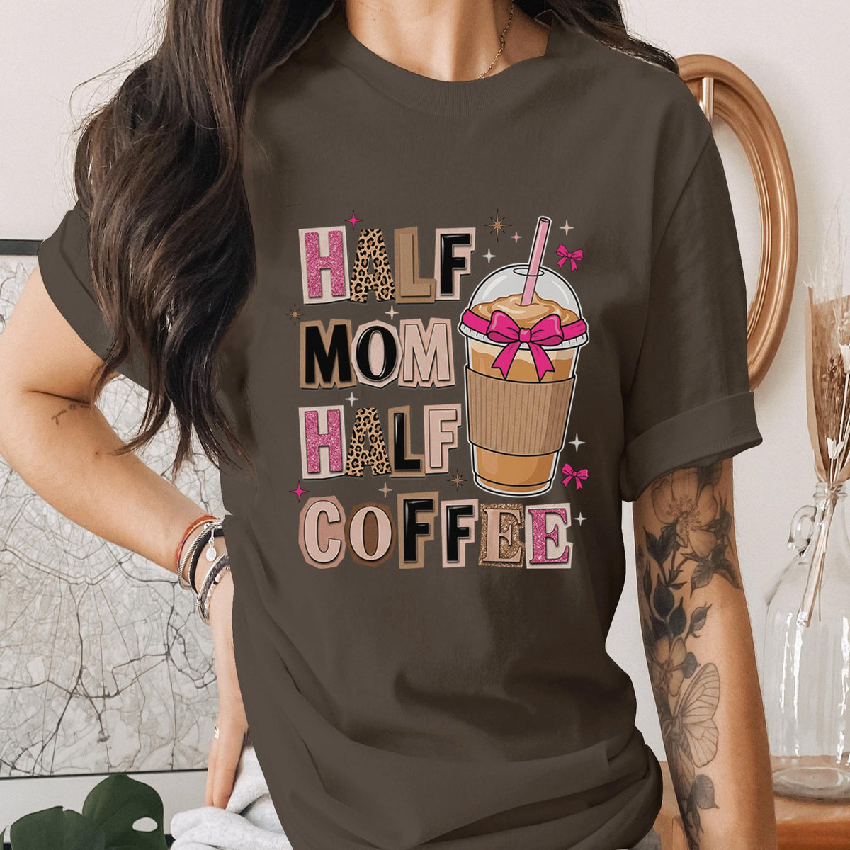 Half Mom Half Coffee Shirt Funny Mom Life Tee Cute Coffee Lover Mama Shirt Motherhood Humor Gift for Moms Mothers Day Shirt