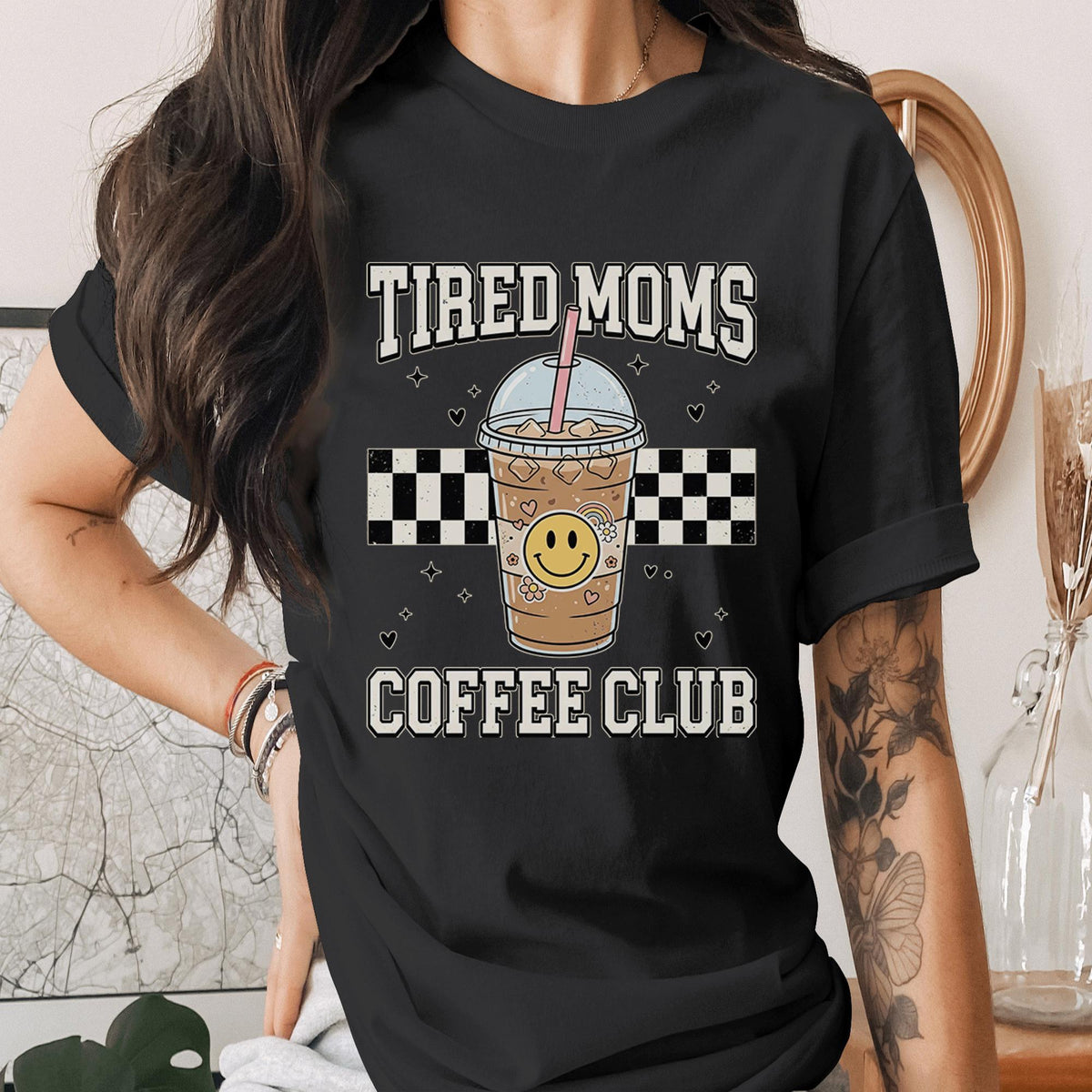 Tired Moms Coffee Club Shirt Funny Mom Coffee Tee Retro Checkered Mama Shirt Cute Iced Coffee Lover Gift Mothers Day Tee