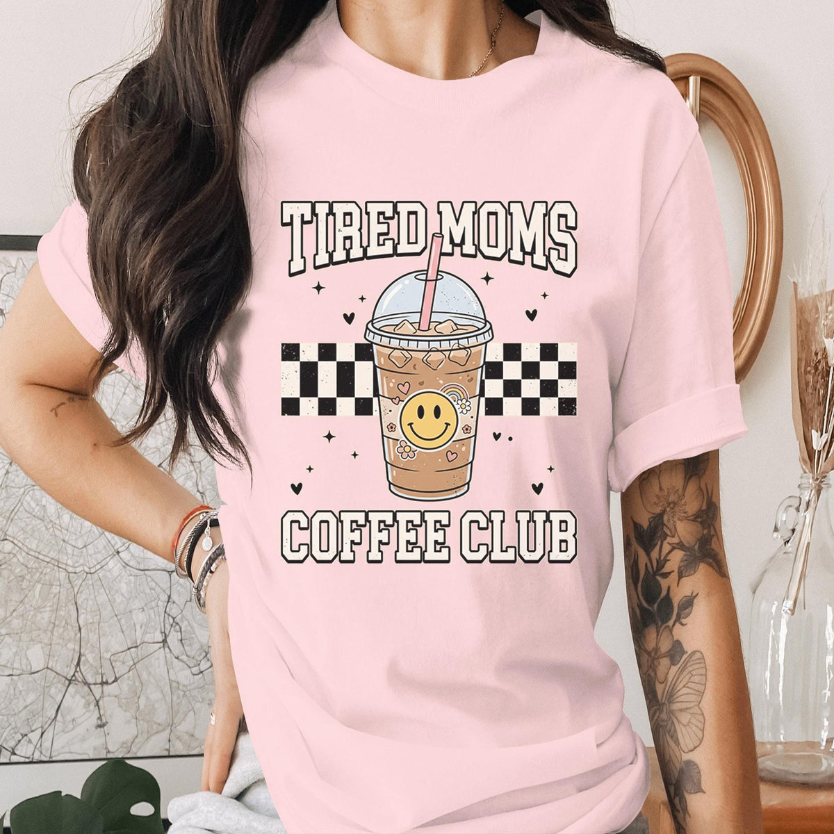 Tired Moms Coffee Club Shirt Funny Mom Coffee Tee Retro Checkered Mama Shirt Cute Iced Coffee Lover Gift Mothers Day Tee