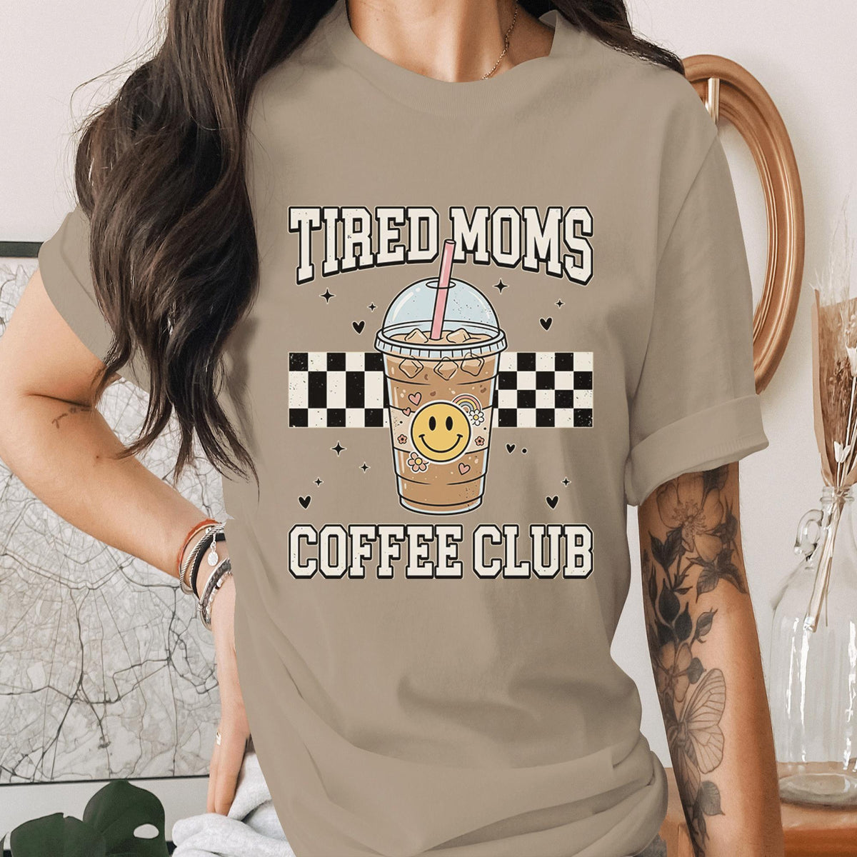 Tired Moms Coffee Club Shirt Funny Mom Coffee Tee Retro Checkered Mama Shirt Cute Iced Coffee Lover Gift Mothers Day Tee