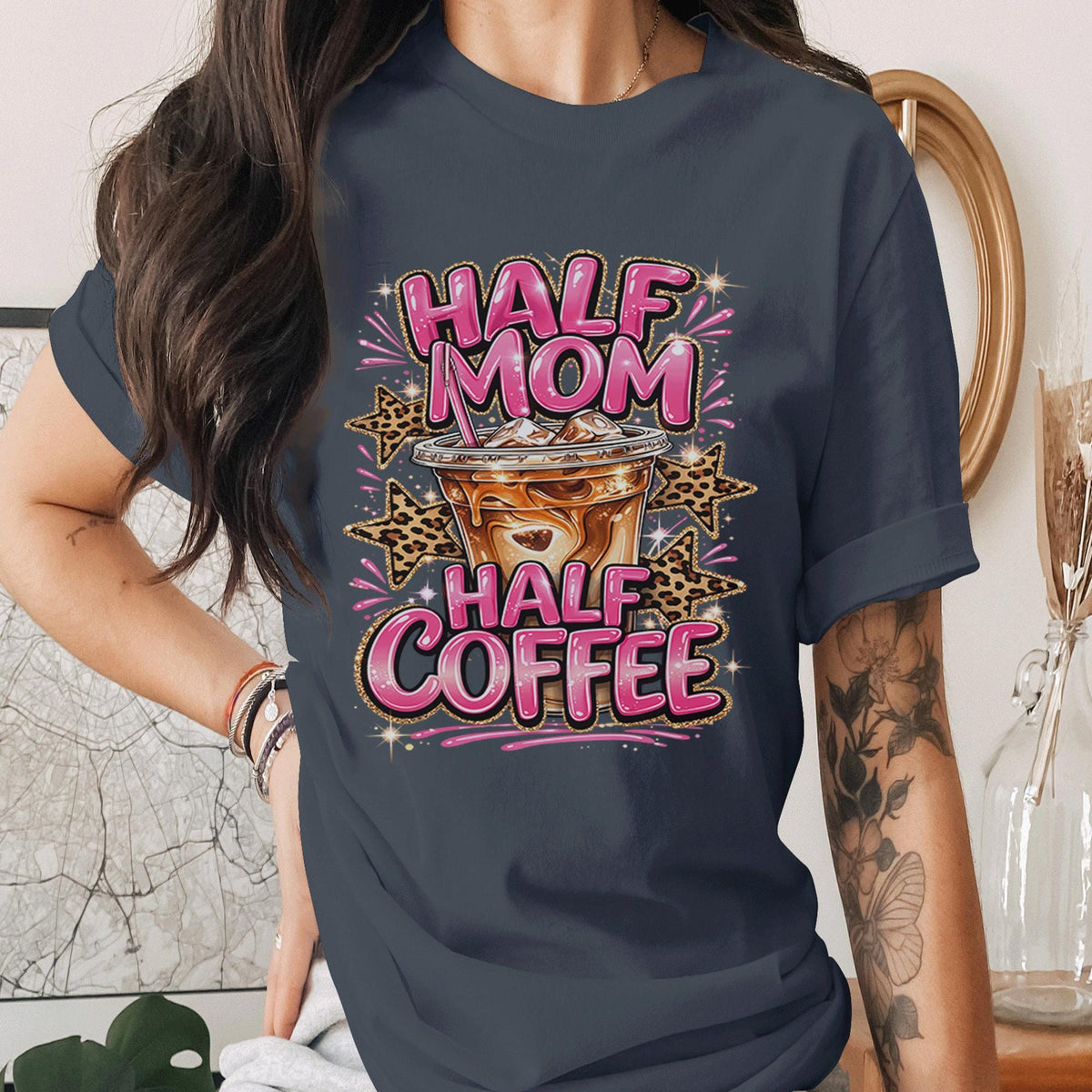 Half Mom Half Coffee Shirt Funny Mom Coffee Lover Tee Cute Pink Leopard Print Mama Shirt Trendy Mothers Day Gift Idea for Moms