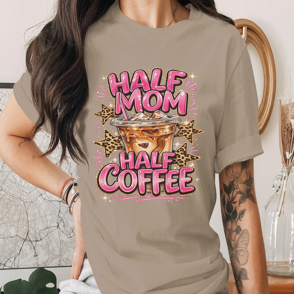 Half Mom Half Coffee Shirt Funny Mom Coffee Lover Tee Cute Pink Leopard Print Mama Shirt Trendy Mothers Day Gift Idea for Moms