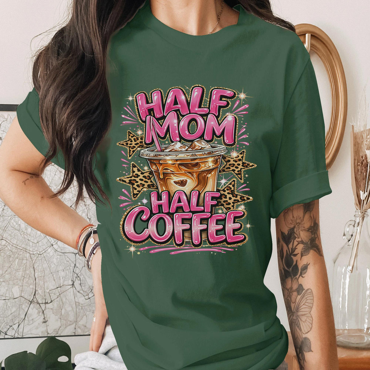 Half Mom Half Coffee Shirt Funny Mom Coffee Lover Tee Cute Pink Leopard Print Mama Shirt Trendy Mothers Day Gift Idea for Moms