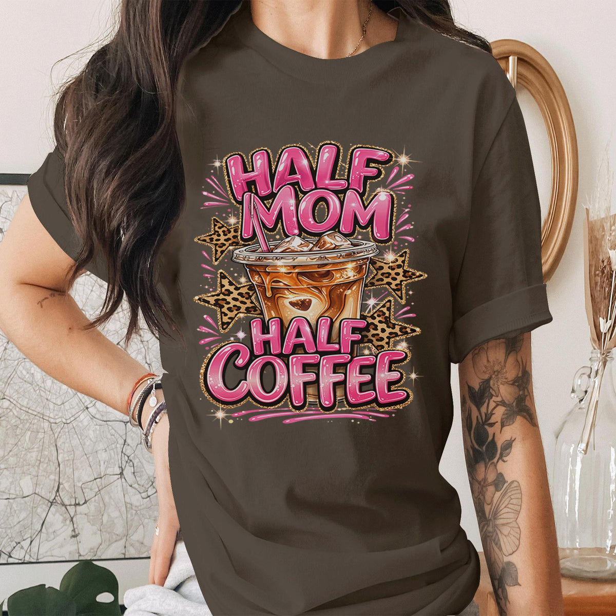 Half Mom Half Coffee Shirt Funny Mom Coffee Lover Tee Cute Pink Leopard Print Mama Shirt Trendy Mothers Day Gift Idea for Moms