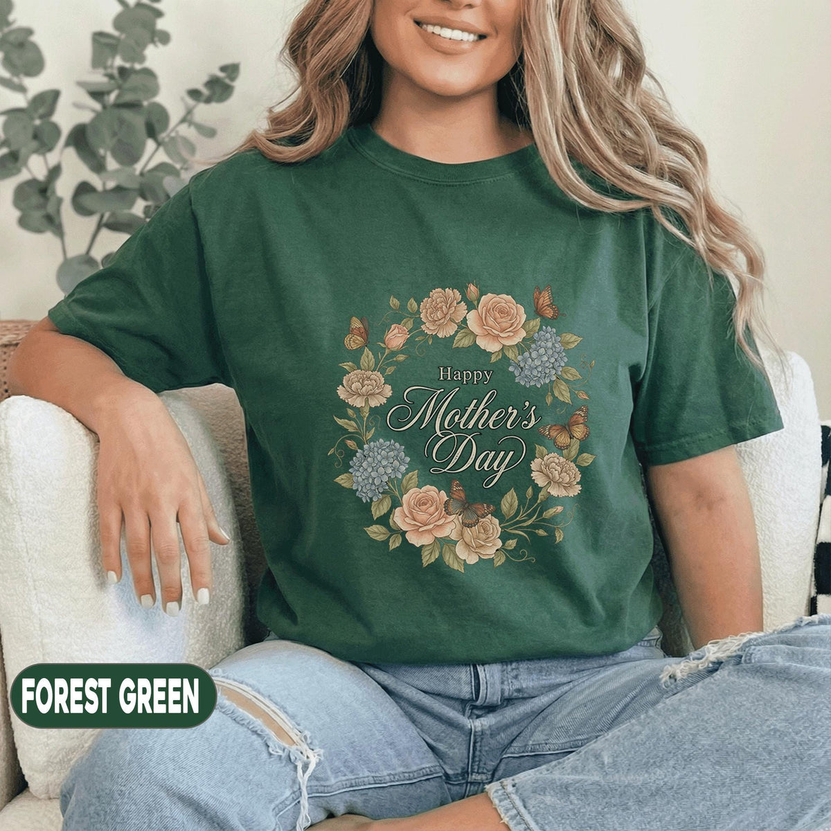 Happy Mothers Day Floral Shirt Vintage Flower Wreath Mama Tee Elegant Mom Gift Shirt Butterfly Floral Mothers Day Women Top