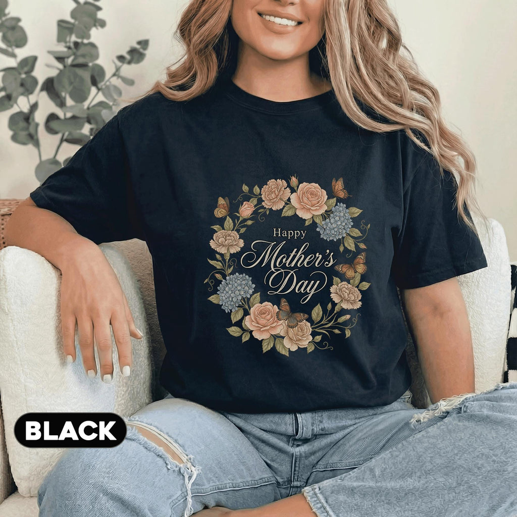 Happy Mothers Day Floral Shirt Vintage Flower Wreath Mama Tee Elegant Mom Gift Shirt Butterfly Floral Mothers Day Women Top