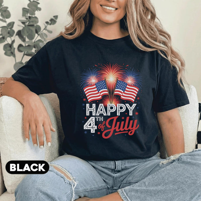 Happy 4th of July Shirt Patriotic Fireworks Tee American Flag Independence Day Shirt USA Celebration Red White Blue T...