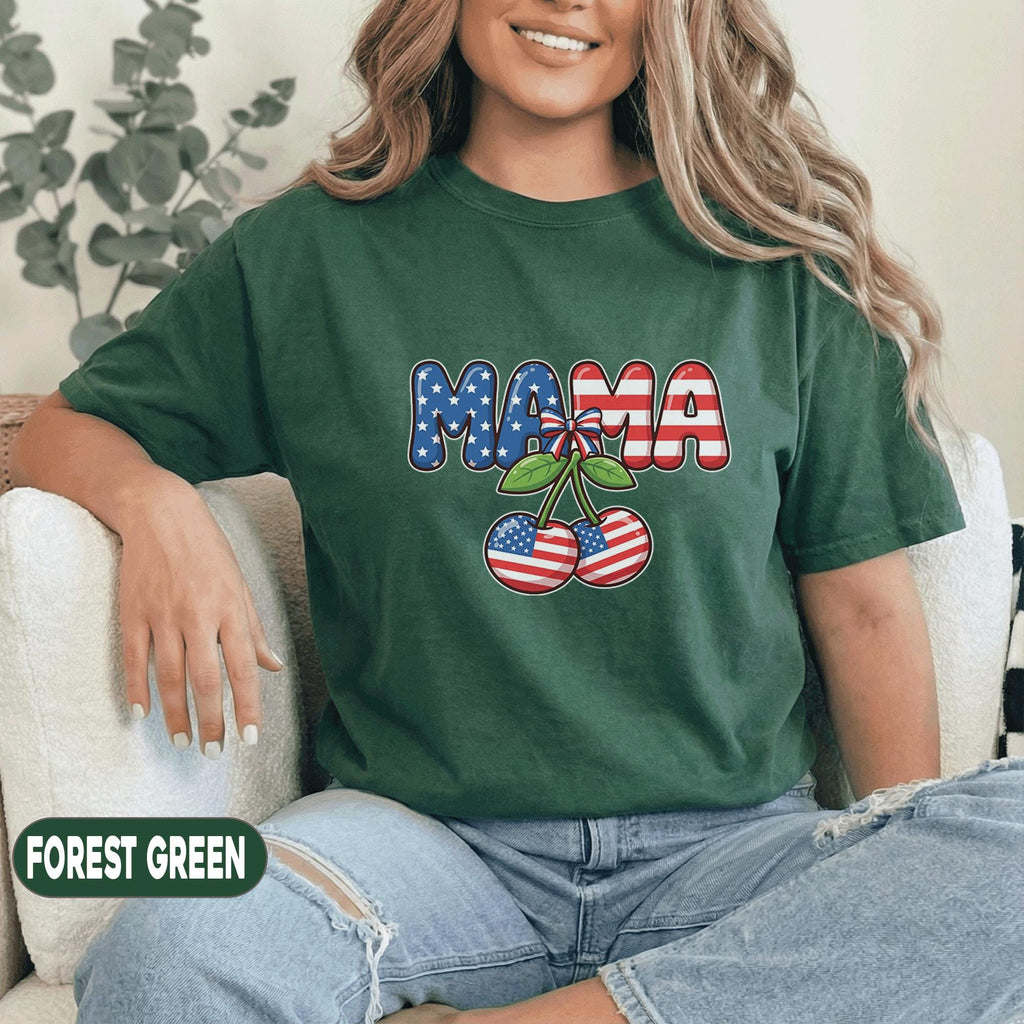 Mama Patriotic Cherry Shirt 4th of July Mom Tee American Flag Cherry Forth of July Cute USA Mama Shirt Independence Day Women Top Mothers