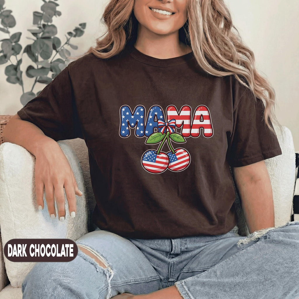 Mama Patriotic Cherry Shirt 4th of July Mom Tee American Flag Cherry Forth of July Cute USA Mama Shirt Independence Day Women Top Mothers