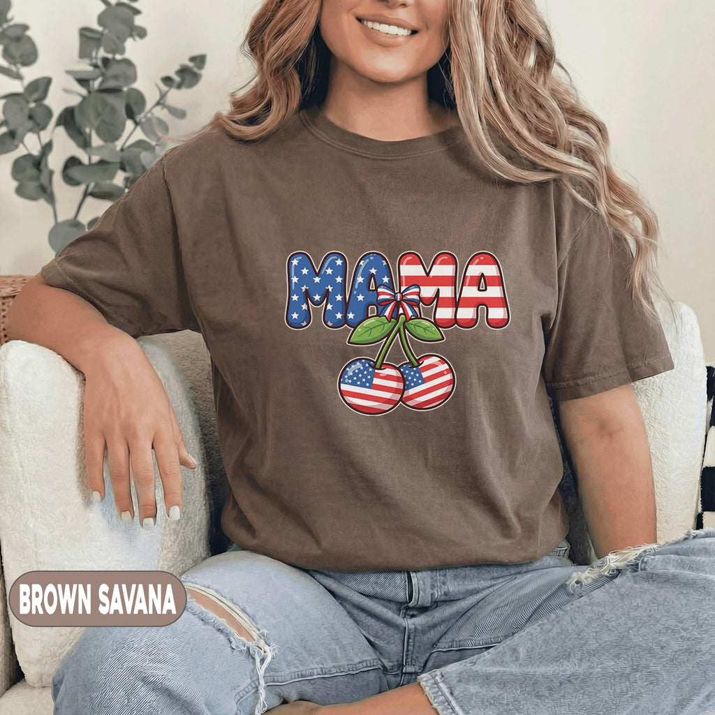 Mama Patriotic Cherry Shirt 4th of July Mom Tee American Flag Cherry Forth of July Cute USA Mama Shirt Independence Day Women Top Mothers