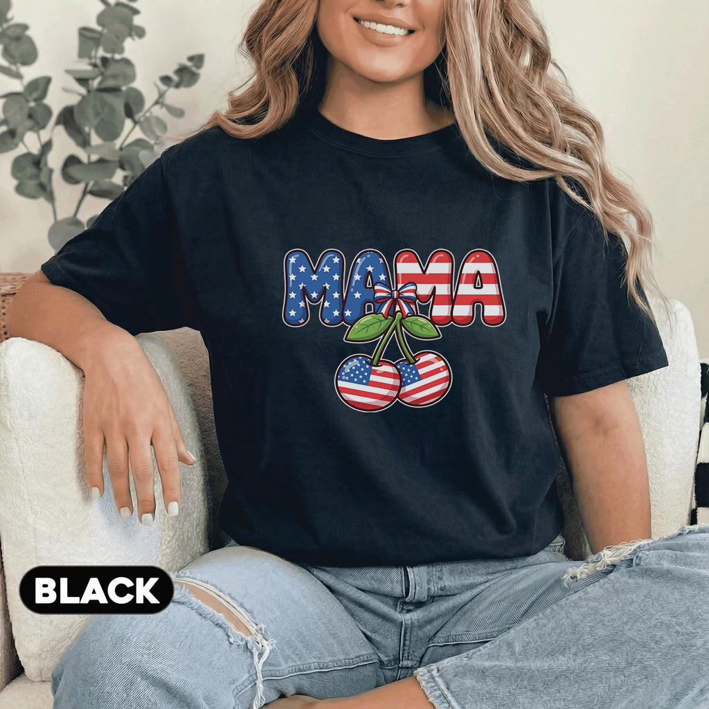 Mama Patriotic Cherry Shirt 4th of July Mom Tee American Flag Cherry Forth of July Cute USA Mama Shirt Independence Day Women Top Mothers