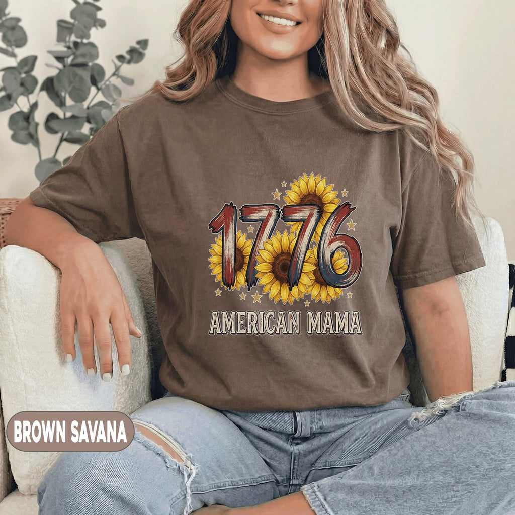 1776 American Mama Shirt Patriotic Sunflower Tee 4th of July Mom Shirt Vintage USA Flag Mothers Independence Day Women Top