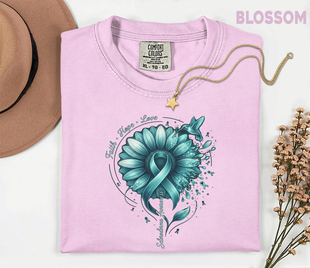 Comfort Colors Scleroderma Awareness Shirt Teal Ribbon Sunflower Faith Hope Love Hummingbird Tee Chronic Illness Support Gift