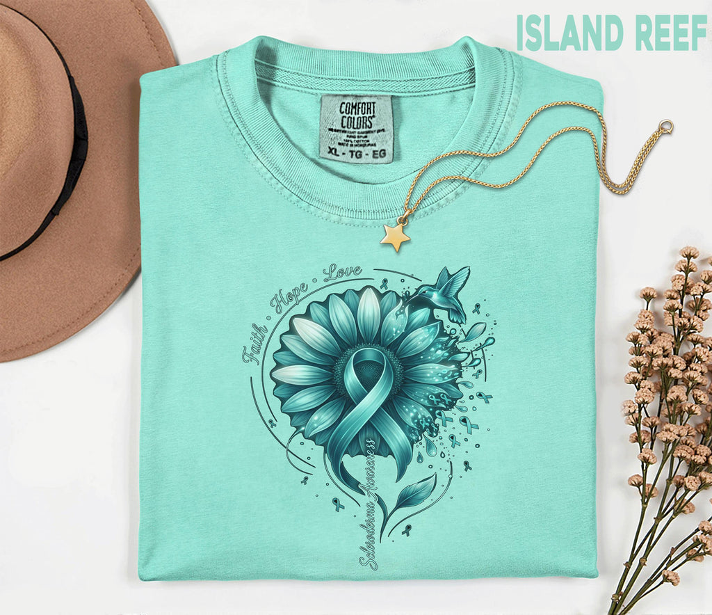 Comfort Colors Scleroderma Awareness Shirt Teal Ribbon Sunflower Faith Hope Love Hummingbird Tee Chronic Illness Support Gift