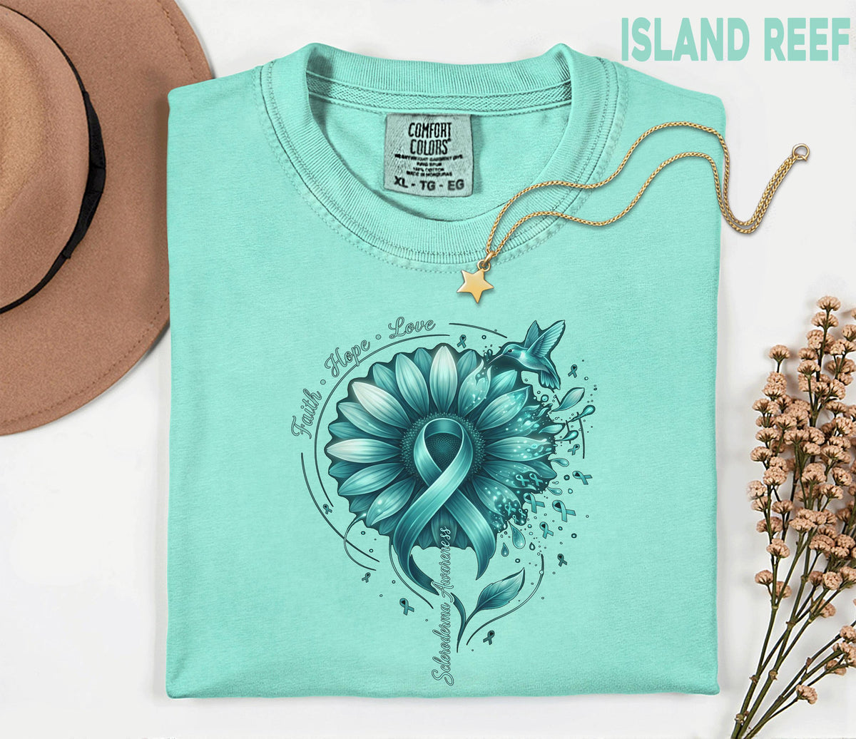 Comfort Colors Scleroderma Awareness Shirt Teal Ribbon Sunflower Faith Hope Love Hummingbird Tee Chronic Illness Support Gift