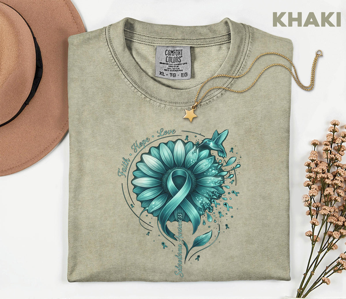 Comfort Colors Scleroderma Awareness Shirt Teal Ribbon Sunflower Faith Hope Love Hummingbird Tee Chronic Illness Support Gift