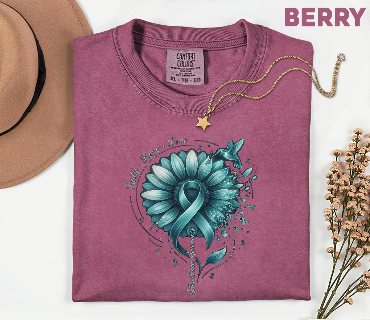Comfort Colors Scleroderma Awareness Shirt Teal Ribbon Sunflower Faith Hope Love Hummingbird Tee Chronic Illness Support Gift