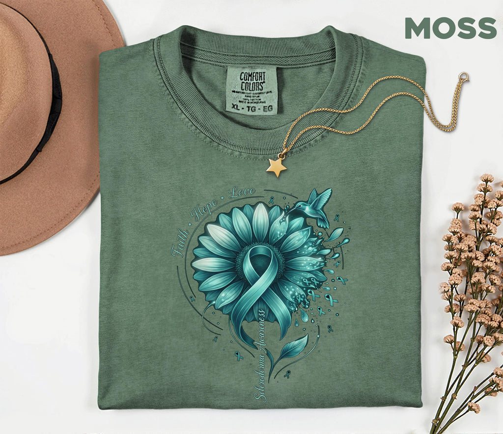 Comfort Colors Scleroderma Awareness Shirt Teal Ribbon Sunflower Faith Hope Love Hummingbird Tee Chronic Illness Support Gift