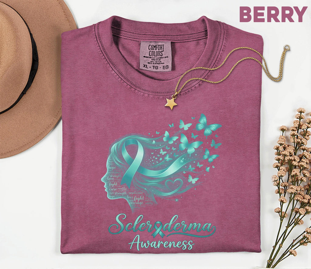 Comfort Colors Scleroderma Awareness Shirt Teal Ribbon Woman Silhouette Butterfly Tee Chronic Illness Support Gift Unisex