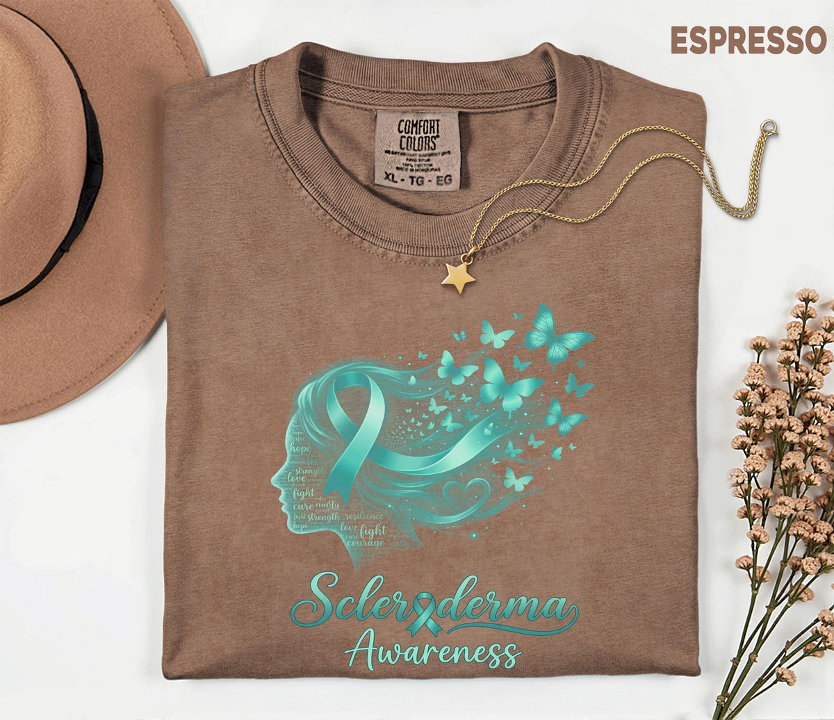 Comfort Colors Scleroderma Awareness Shirt Teal Ribbon Woman Silhouette Butterfly Tee Chronic Illness Support Gift Unisex