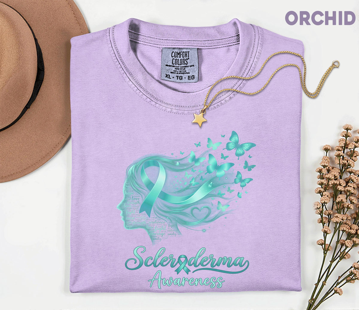 Comfort Colors Scleroderma Awareness Shirt Teal Ribbon Woman Silhouette Butterfly Tee Chronic Illness Support Gift Unisex